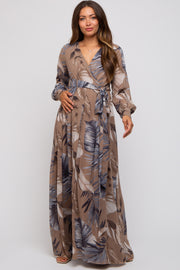 Taupe Palm Print Chiffon Wrap Front V-Neck Long Sleeve Maternity Maxi Dress