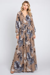 Taupe Palm Print Chiffon Wrap Front V-Neck Long Sleeve Maternity Maxi Dress