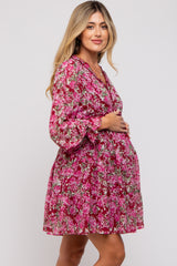 Burgundy Floral Ruffle Accent Maternity Dress