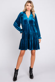 Teal Velvet Long Sleeve Tiered Collared Dress