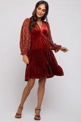 Rust Velvet Lace Sleeve Collared Tiered Maternity Dress