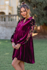 Plum Velvet Floral Long Sleeve Maternity Dress