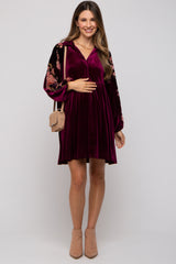 Plum Velvet Floral Long Sleeve Maternity Dress