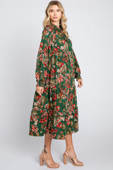 Forest Green Floral Ruffle Neck Tiered Midi Dress