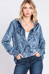 Blue Embossed Floral Velvet Blouse