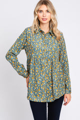 Teal Floral Corduroy Maternity Button Up Top