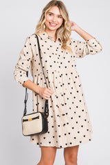 Cream Heart Print Corduroy Button Up Dress