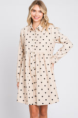 Cream Heart Print Corduroy Button Up Dress