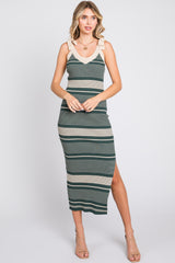 Forest Green Striped Ribbed Sleeveless Knit Maternity Dress