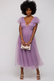 Lavender Deep V-Neck Tulle Flutter Sleeve Midi Dress