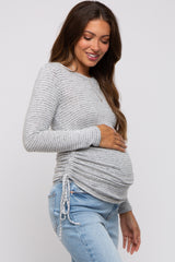 Heather Grey Striped Brushed Knit Ruched Maternity Top