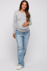 Heather Grey Striped Brushed Knit Ruched Maternity Top