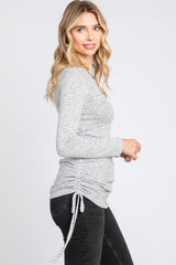 Heather Grey Striped Brushed Knit Ruched Top