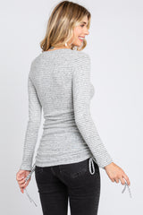 Heather Grey Striped Brushed Knit Ruched Top