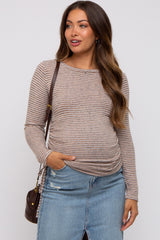 Taupe Striped Brushed Knit Ruched Maternity Top