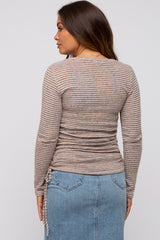 Taupe Striped Brushed Knit Ruched Maternity Top