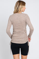 Taupe Striped Brushed Knit Ruched Top