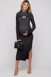 Black Ribbed Mock Neck Cutout Long Sleeve Maternity Midi Dress