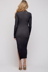 Black Ribbed Mock Neck Cutout Long Sleeve Maternity Midi Dress