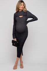 Black Ribbed Mock Neck Cutout Long Sleeve Maternity Midi Dress