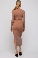 Mocha Ribbed Mock Neck Cutout Maternity Midi Dress