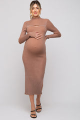 Mocha Ribbed Mock Neck Cutout Maternity Midi Dress