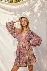 Pink Multicolor Floral Ruffle Balloon Sleeve Maternity Dress