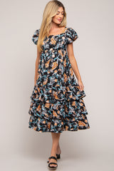 Black Floral Puff Sleeve Tiered Maternity Midi Dress