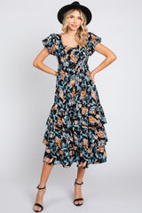 Black Floral Puff Sleeve Tiered Maternity Midi Dress