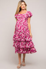 Magenta Floral Puff Sleeve Tiered Maternity Midi Dress