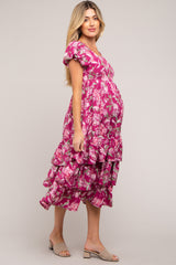 Magenta Floral Puff Sleeve Tiered Maternity Midi Dress