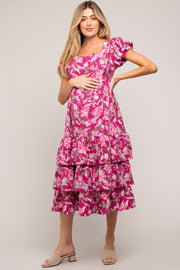 Magenta Floral Puff Sleeve Tiered Maternity Midi Dress