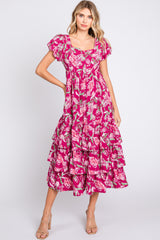 Magenta Floral Puff Sleeve Tiered Maternity Midi Dress