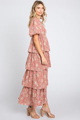 Rust Floral Puff Sleeve Tiered Midi Dress