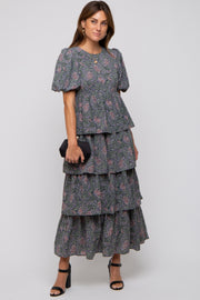 Forest Green Floral Puff Sleeve Tiered Midi Dress