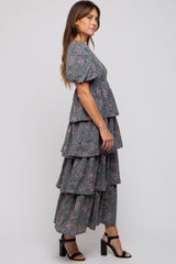 Forest Green Floral Puff Sleeve Tiered Midi Dress