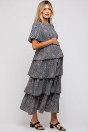 Forest Green Floral Puff Sleeve Tiered Maternity Midi Dress