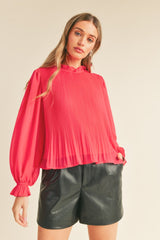 Pink Pleated High Ruffle Neck Top