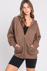 Brown Front Zipper Hooded Sweater