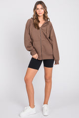 Brown Front Zipper Hooded Sweater