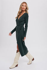 Hunter Green Ribbed Wrap Sweater Dress