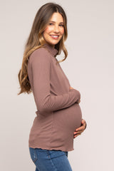 Brown Ribbed Long Sleeve Turtle Neck Maternity Top