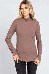 Brown Ribbed Long Sleeve Turtle Neck Maternity Top