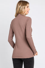 Brown Ribbed Long Sleeve Turtle Neck Top