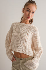 Ivory Loose Fit Cable Knit Sweater Pullover