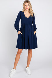 Navy Long Puff Sleeve Dress