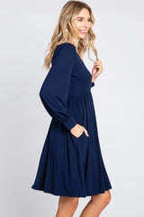 Navy Long Puff Sleeve Dress