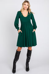 Forest Green Long Puff Sleeve Dress