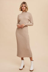 Beige Ribbed Turtle Neck Maternity Midi Dress