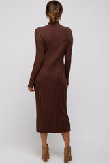 Brown Ribbed Turtle Neck Midi Dress